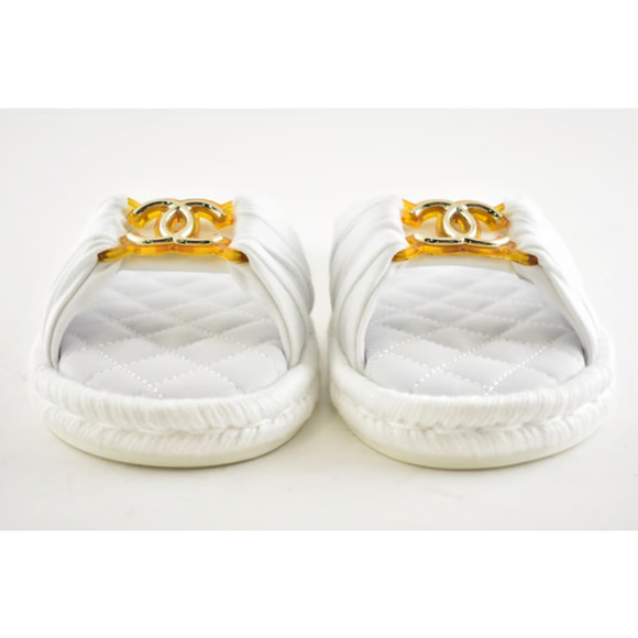Chanel 20S White Coco Beach Gold CC Logo Slide Espadrille Sandal Mule Flat 36 - Picture 8 of 12
